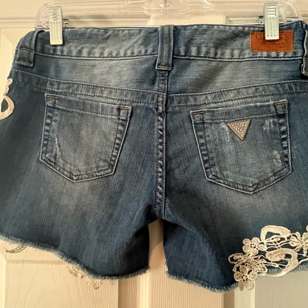 GUESS Women's Blue Denim Shorts with Lace Detail - Picture 2 of 5
